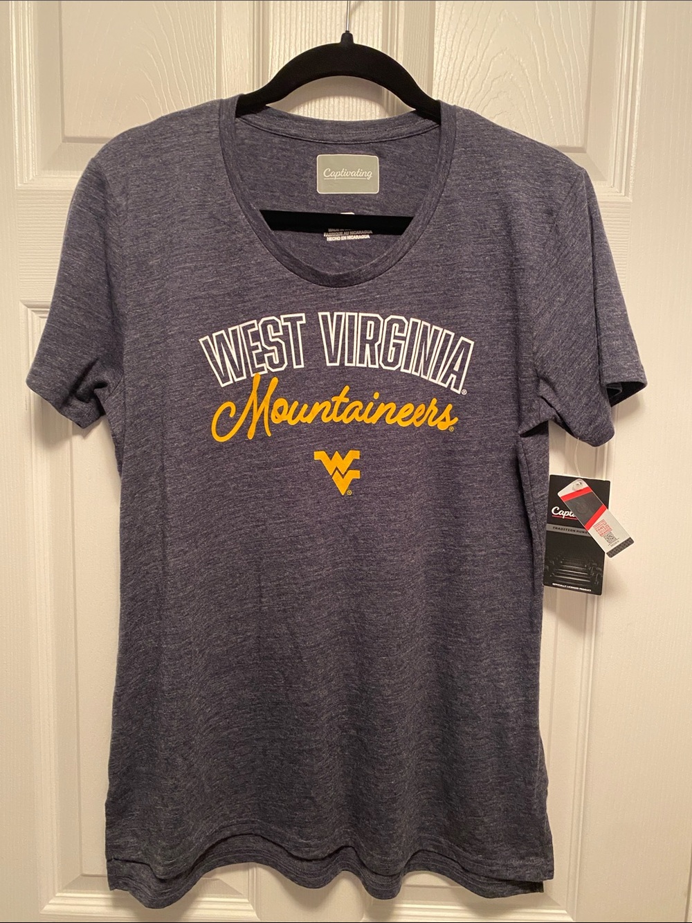 Captivating Women's Navy Heather Crewneck Tee with White and Gold Print…size M